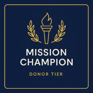 Mission Champion donor tier badge with torch icon